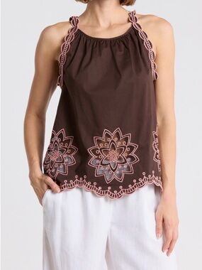 T Tahari Coco Bean with Pink Embroidery Tank